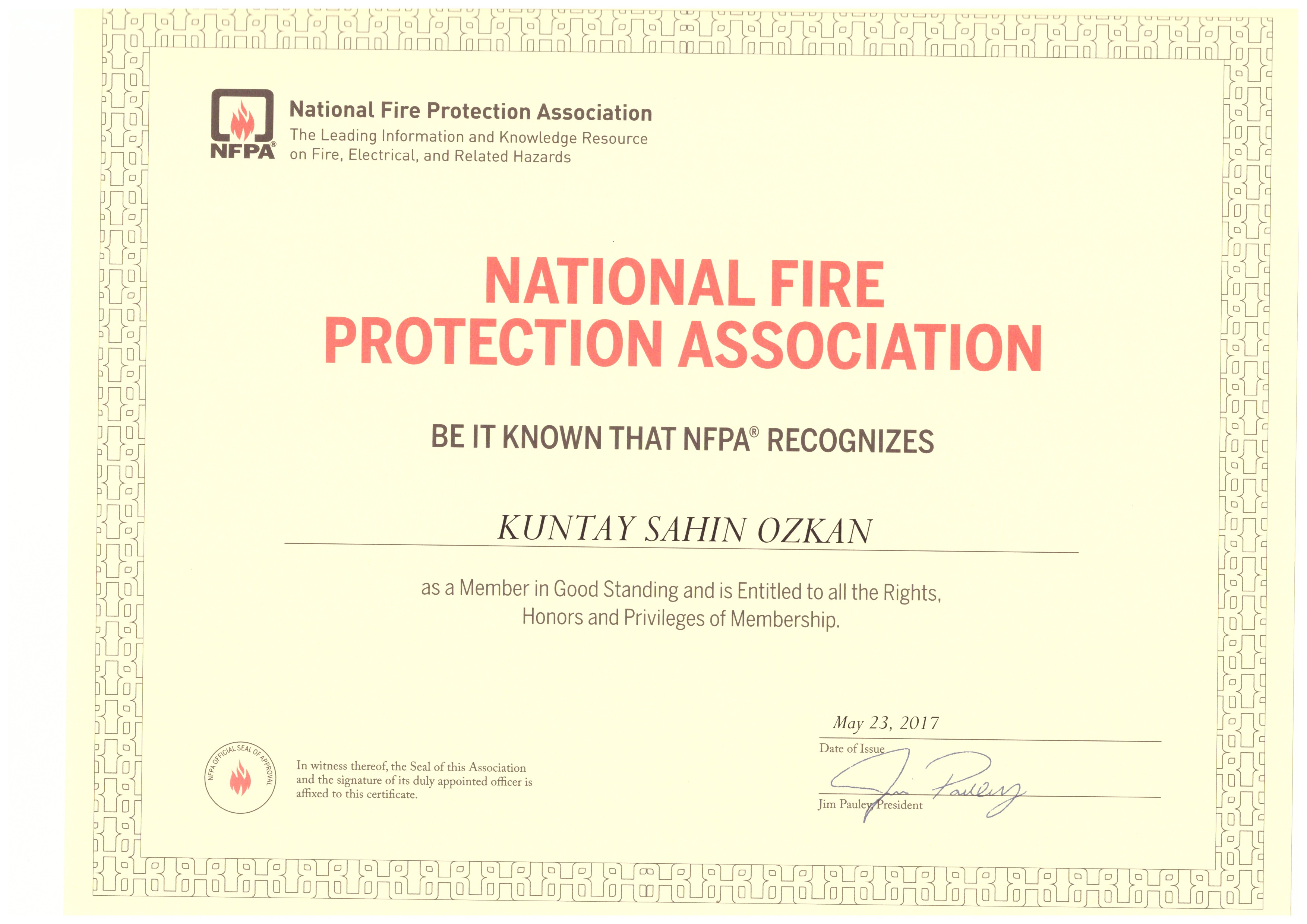 Preview of Kuntay Şahin Özkan’s NFPA membership certificate