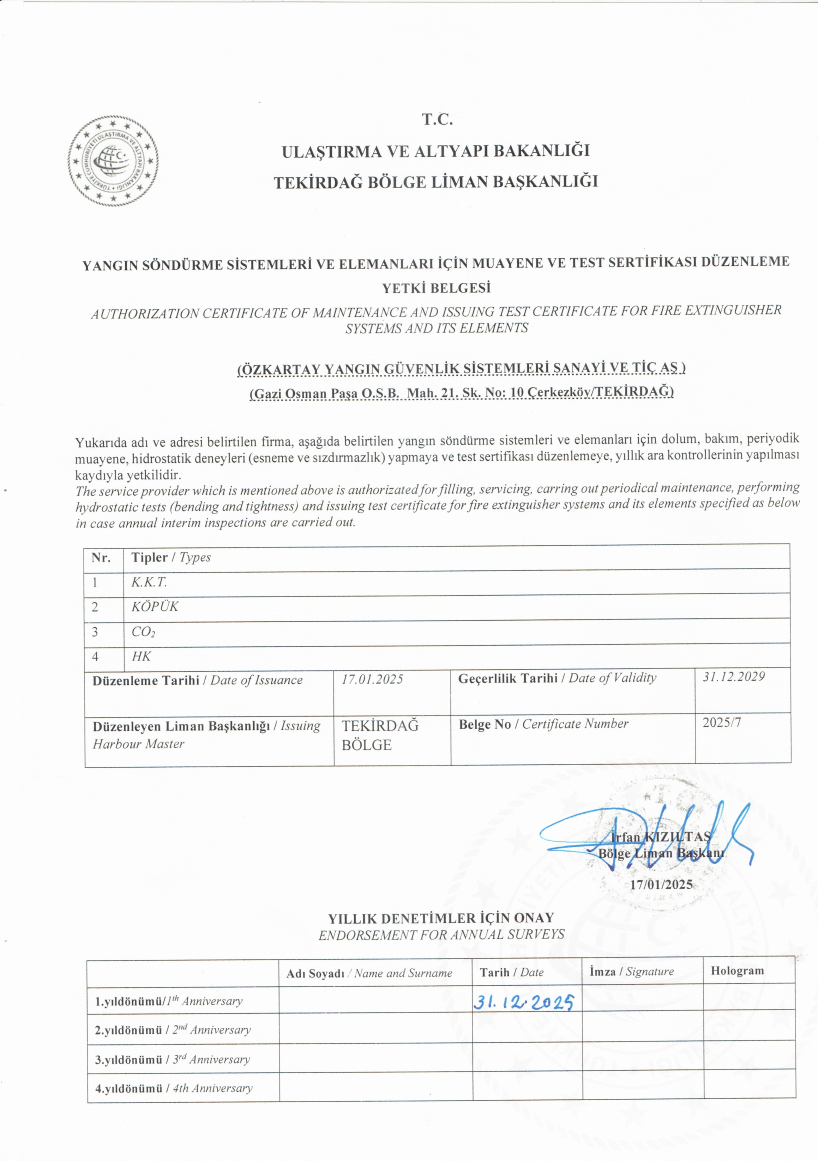 Preview of the Tekirdağ Regional Port Authority authorization certificate