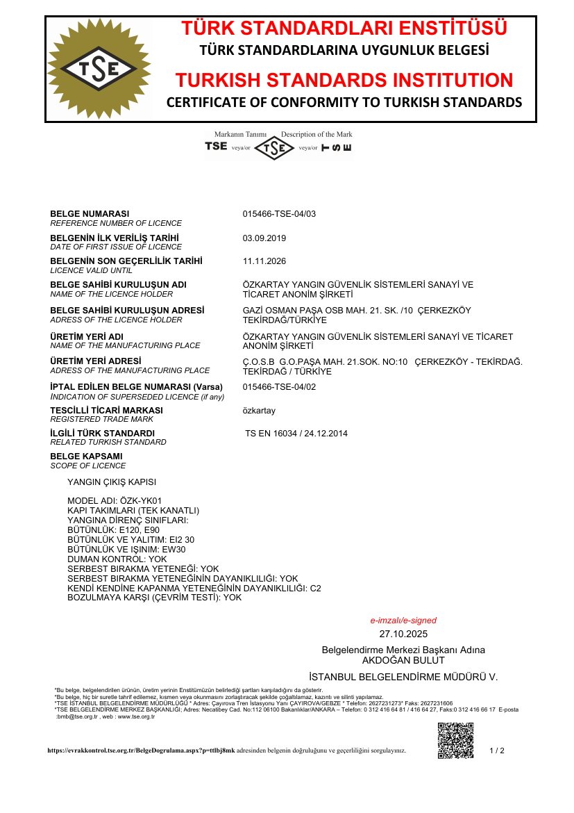 Preview of the TSE TS EN 16034 fire door certificate