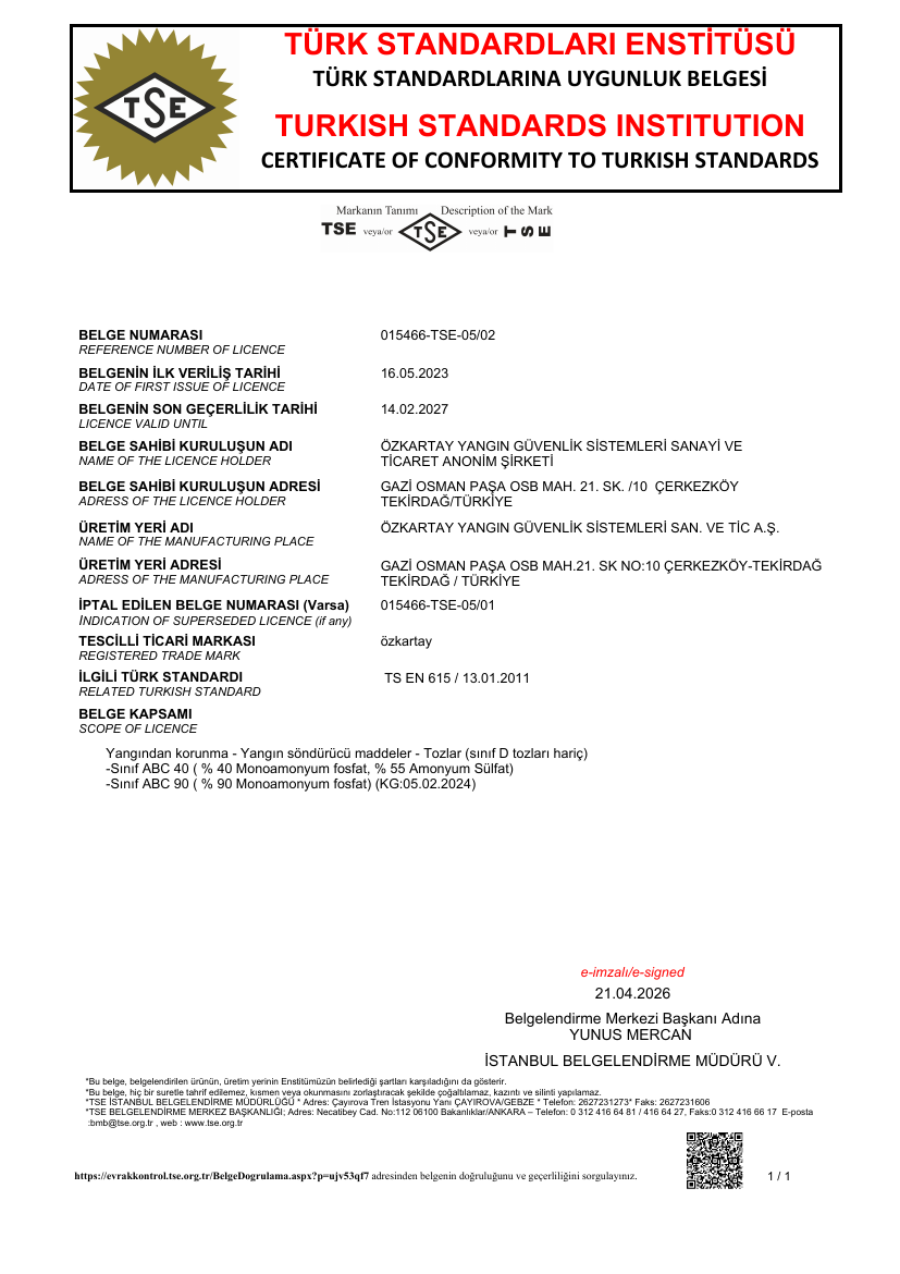 Preview of the TSE TS EN 615 fire-extinguishing powder certificate