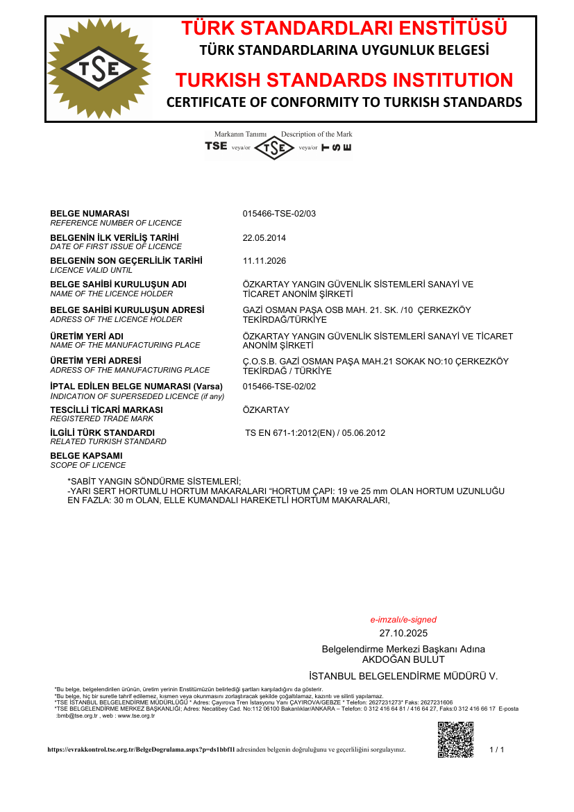 Preview of the TSE TS EN 671-1 fire hose cabinet certificate