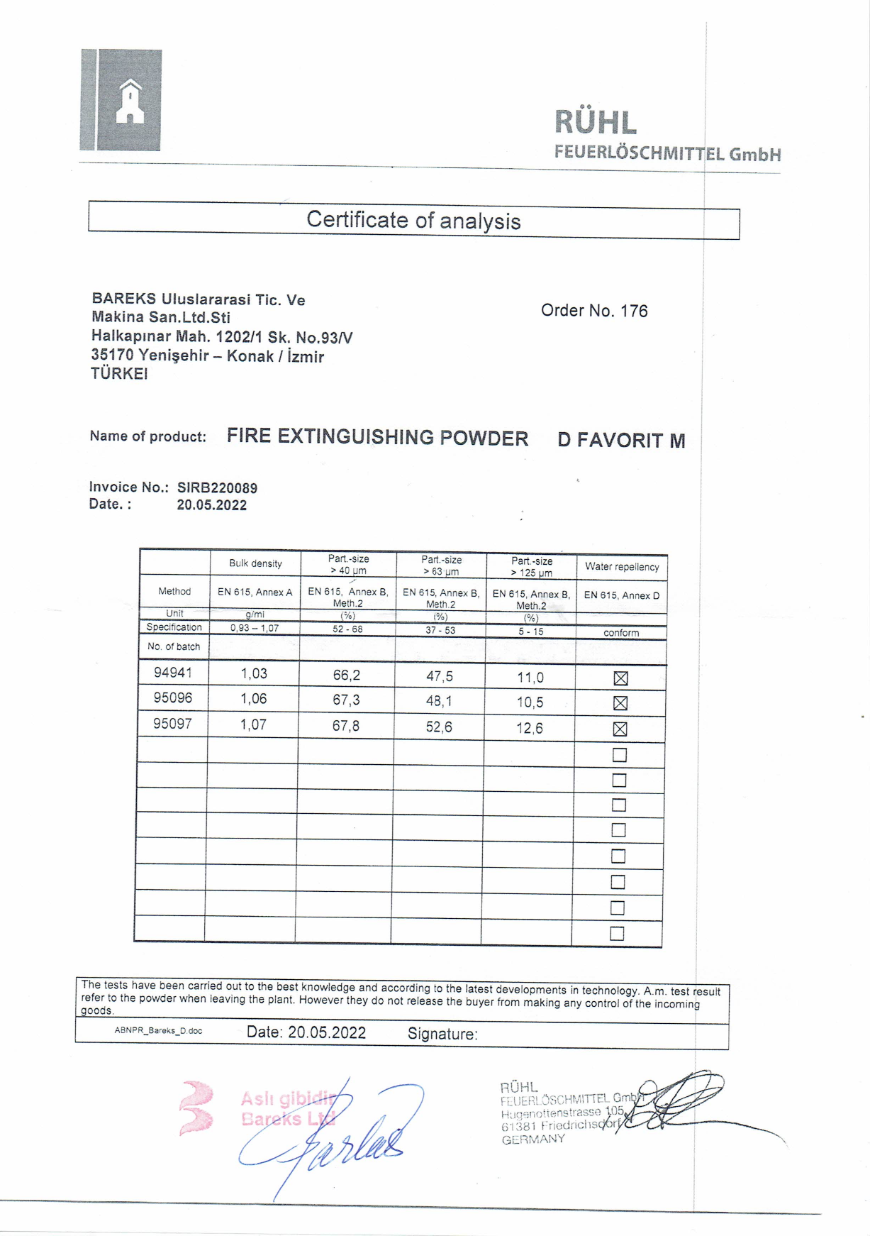 Preview of the BAREKS D FAVORIT M fire-extinguishing powder analysis certificate